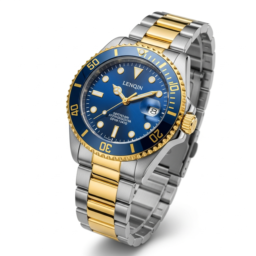 Luxury watch with blue dial and gold and silver metal band on white background