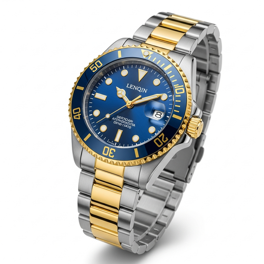 Luxury watch with blue dial and gold and silver metal band on white background