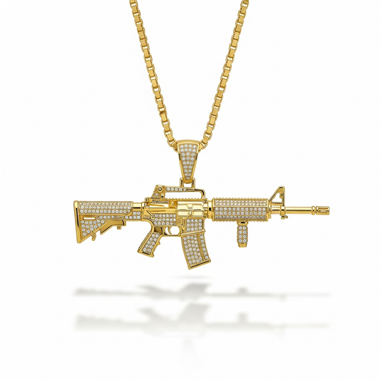 Iced Out AR15 Rifle Pendant 14K Gold Plated Silver Finish